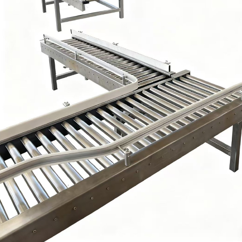 What material is typically used for the surface of roller conveyors